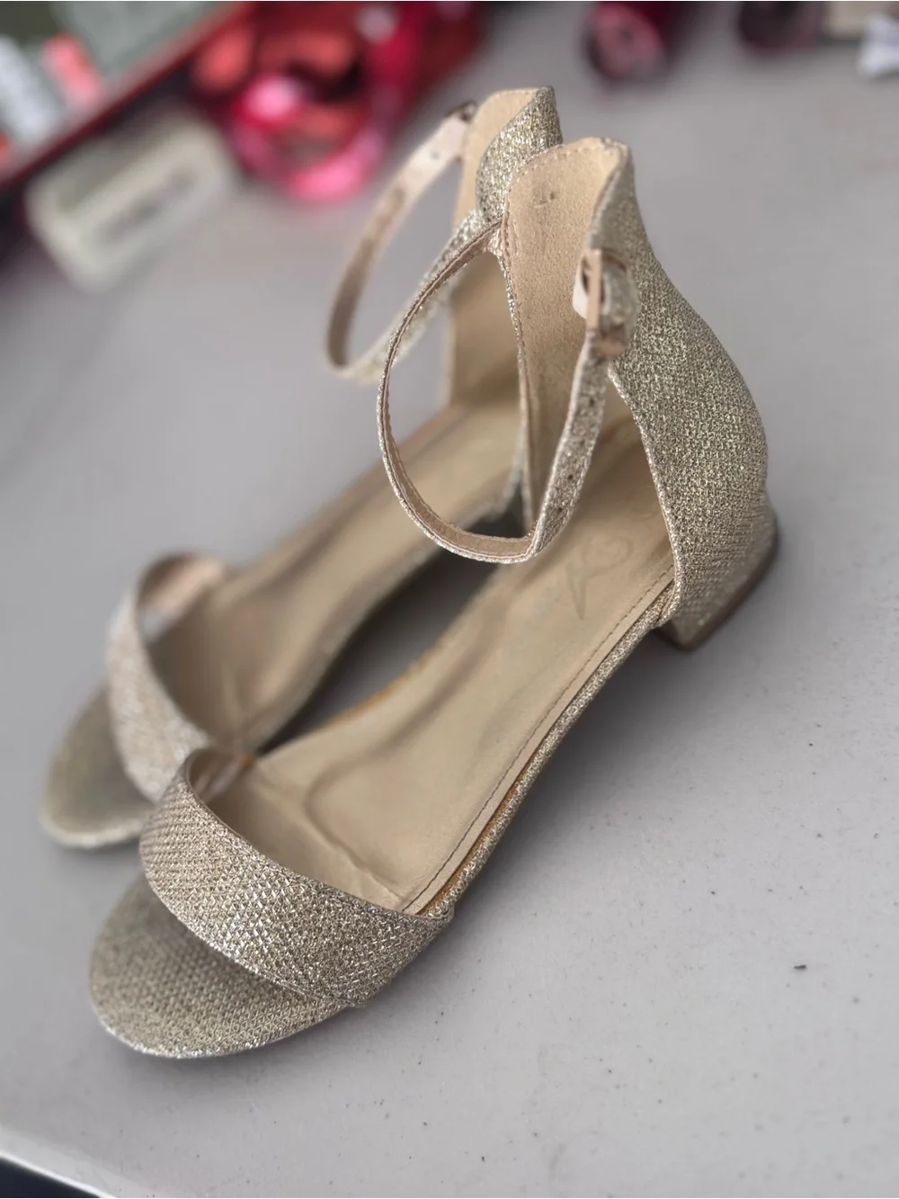 Sparkle Ankle-Strap Open-Toe Sandals in Rose Gold